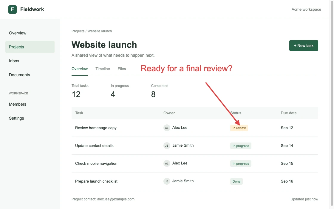 Project screenshot annotated with an arrow and feedback text