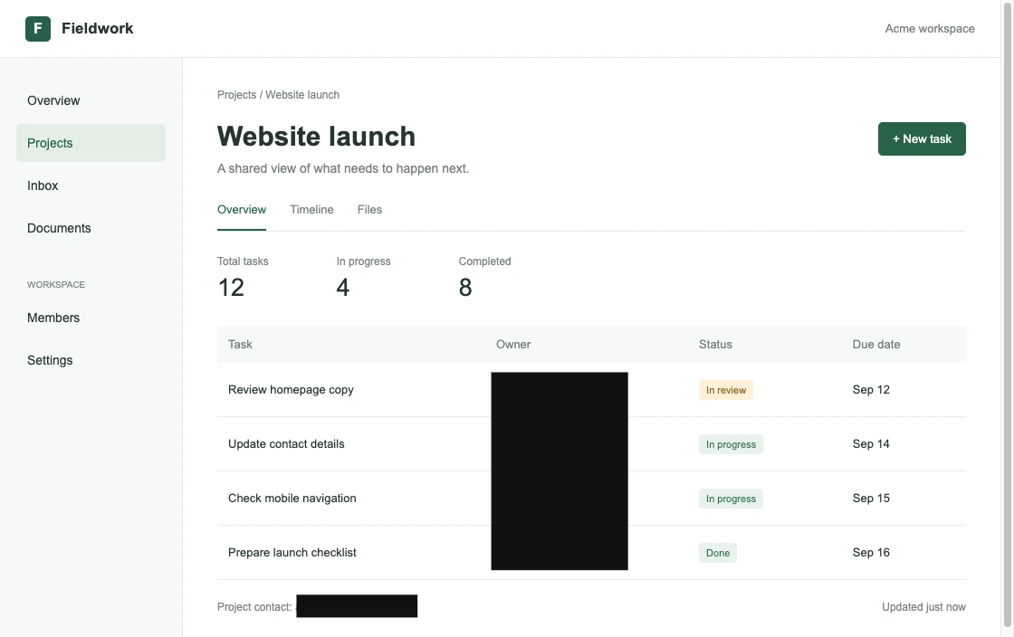 Project screenshot with names and an email covered by opaque black rectangles